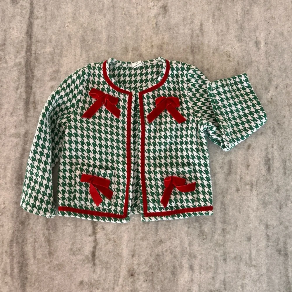 Green & White Houndstooth Skirt Set with Red Bow Trim